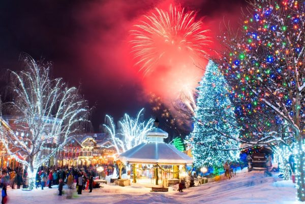 Cozy outdoor Christmas festival scene