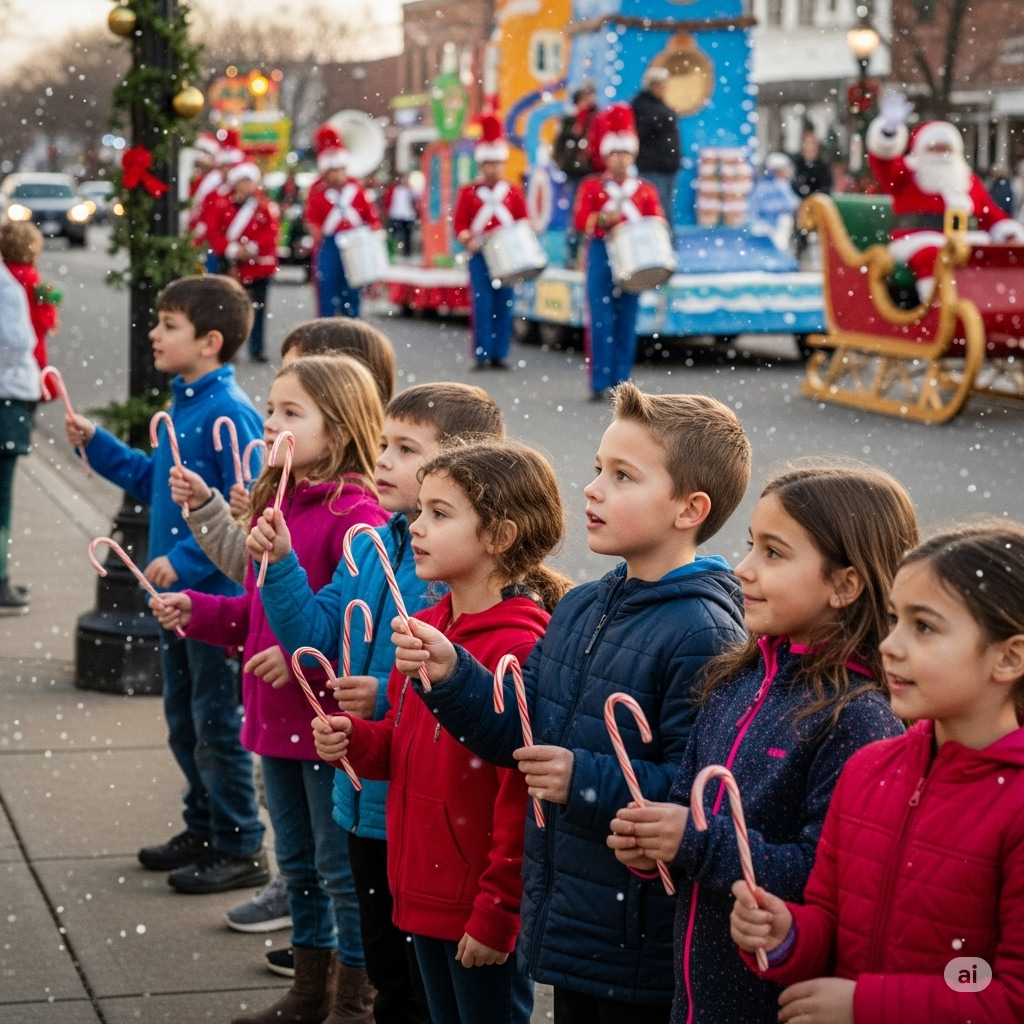Children holding candy canes, watching a parade