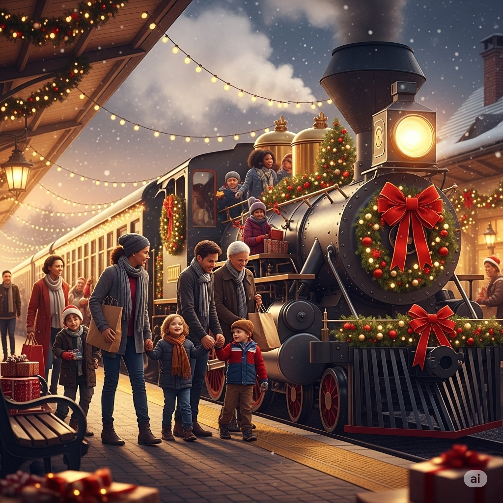 2025 Christmas Train Rides - Families boarding a festively decorated Christmas train