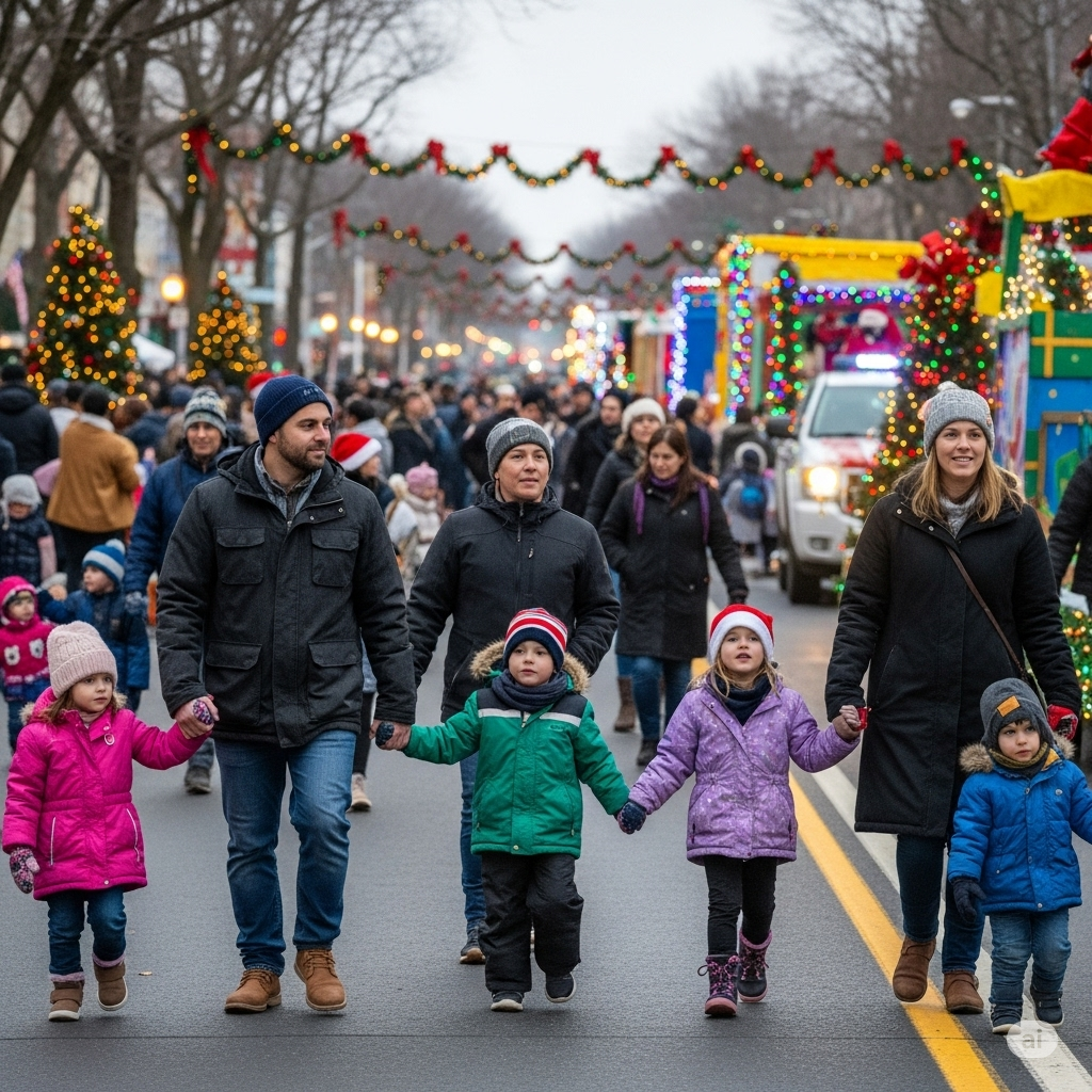 Families bundled up enjoying the parade