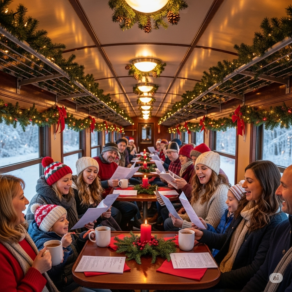 Families sipping cocoa and singing carols aboard a train