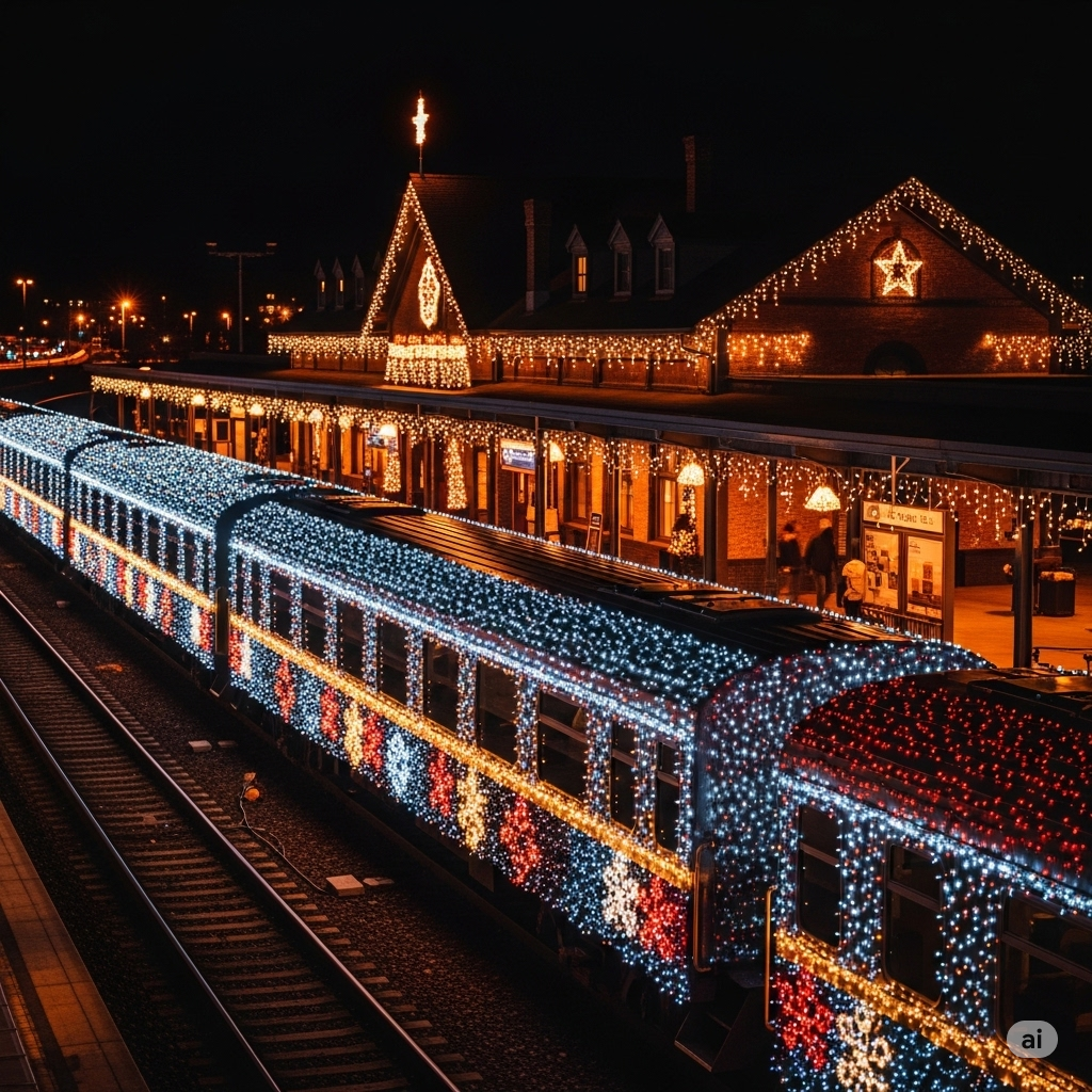 Holiday lights decorating train cars and stations