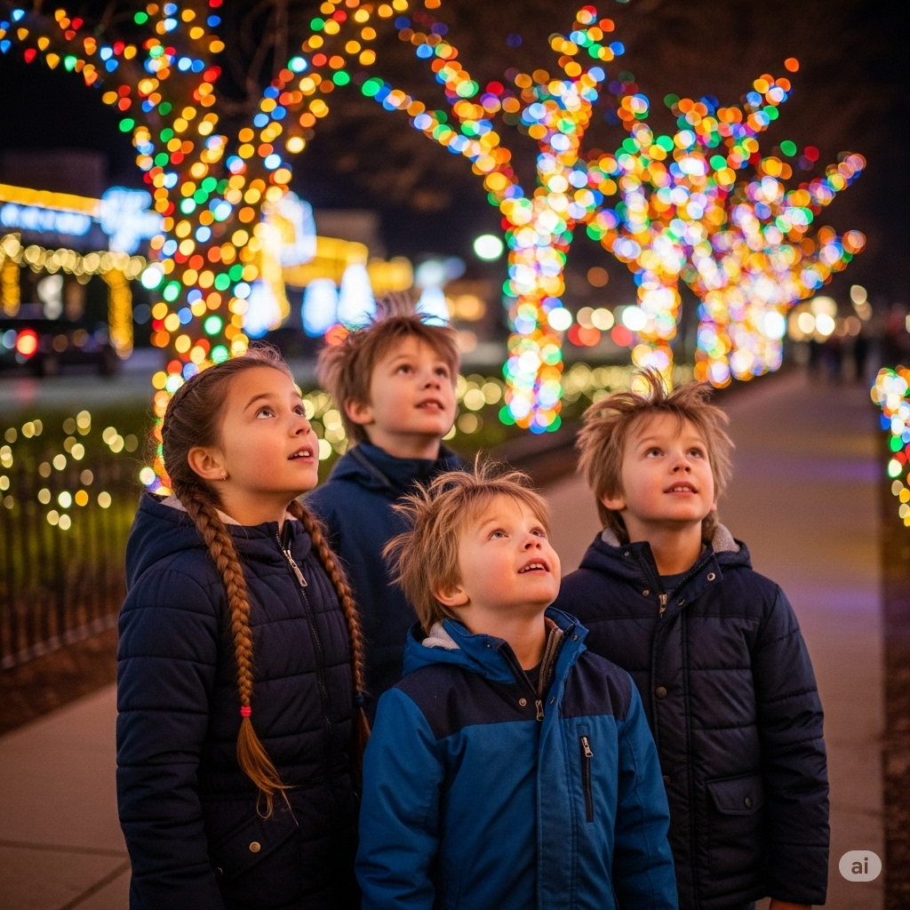 Kids gazing at Christmas lights