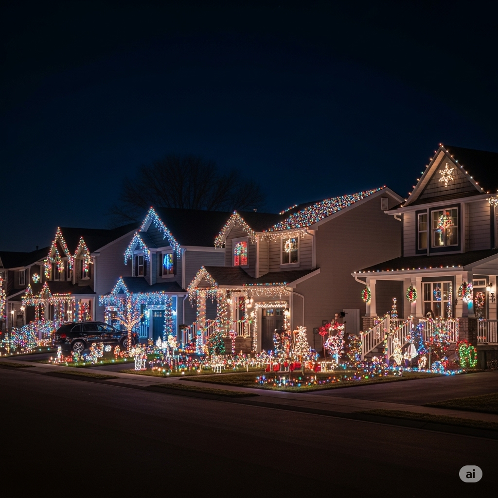 Nighttime cityscapes adorned with Christmas lights