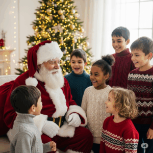 Santa Claus greeting excited children