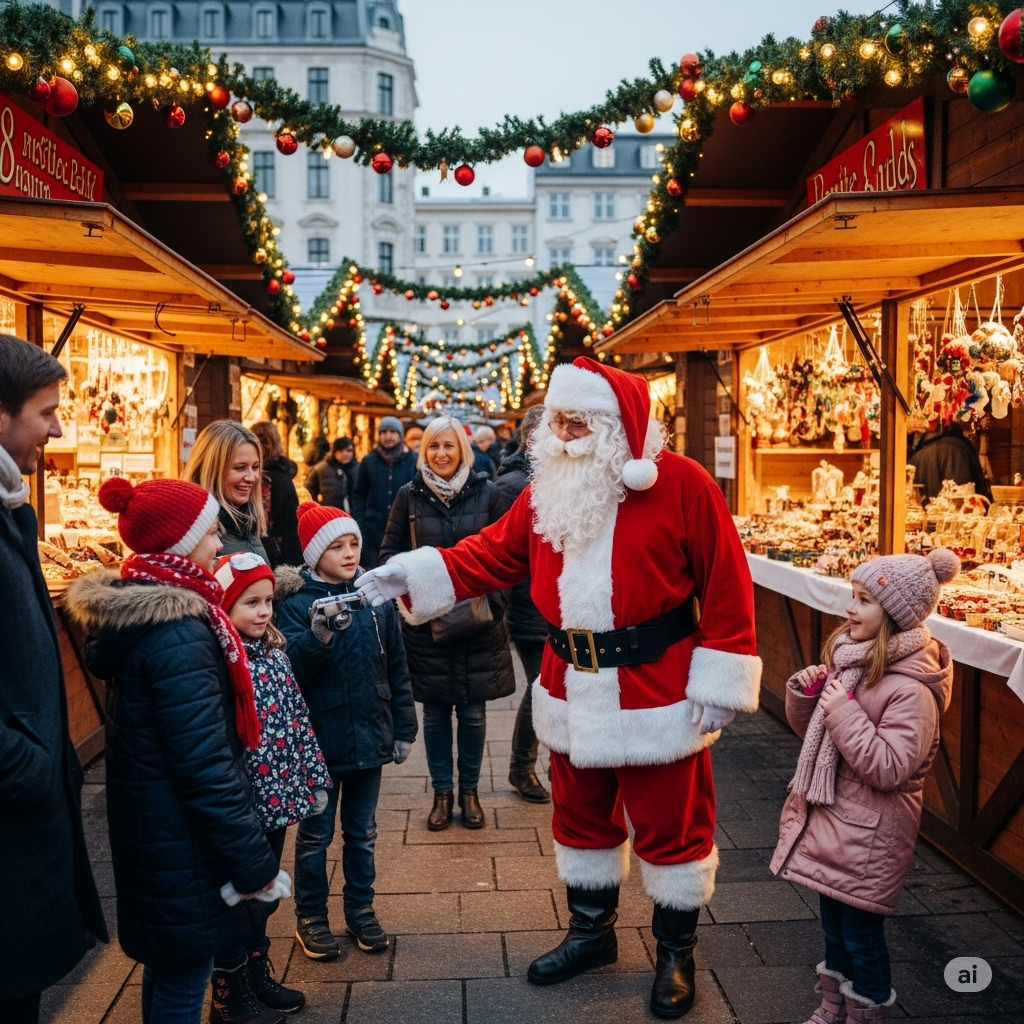 Santa Claus greeting visitors at a Christmas market