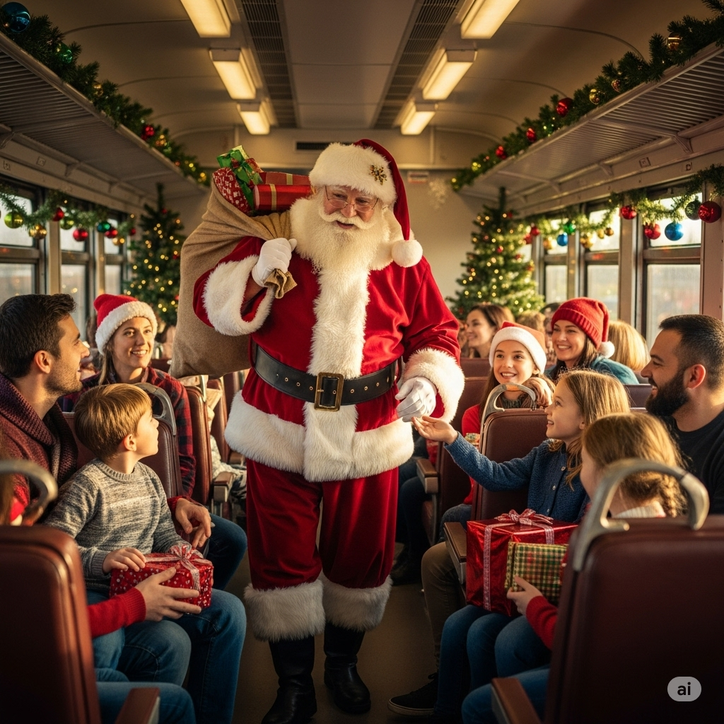 Santa Claus visiting passengers on the train