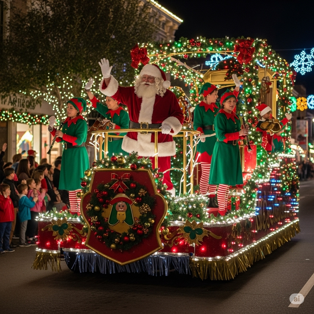 Santa Claus waving from a festive float - 2025 Christmas Parades