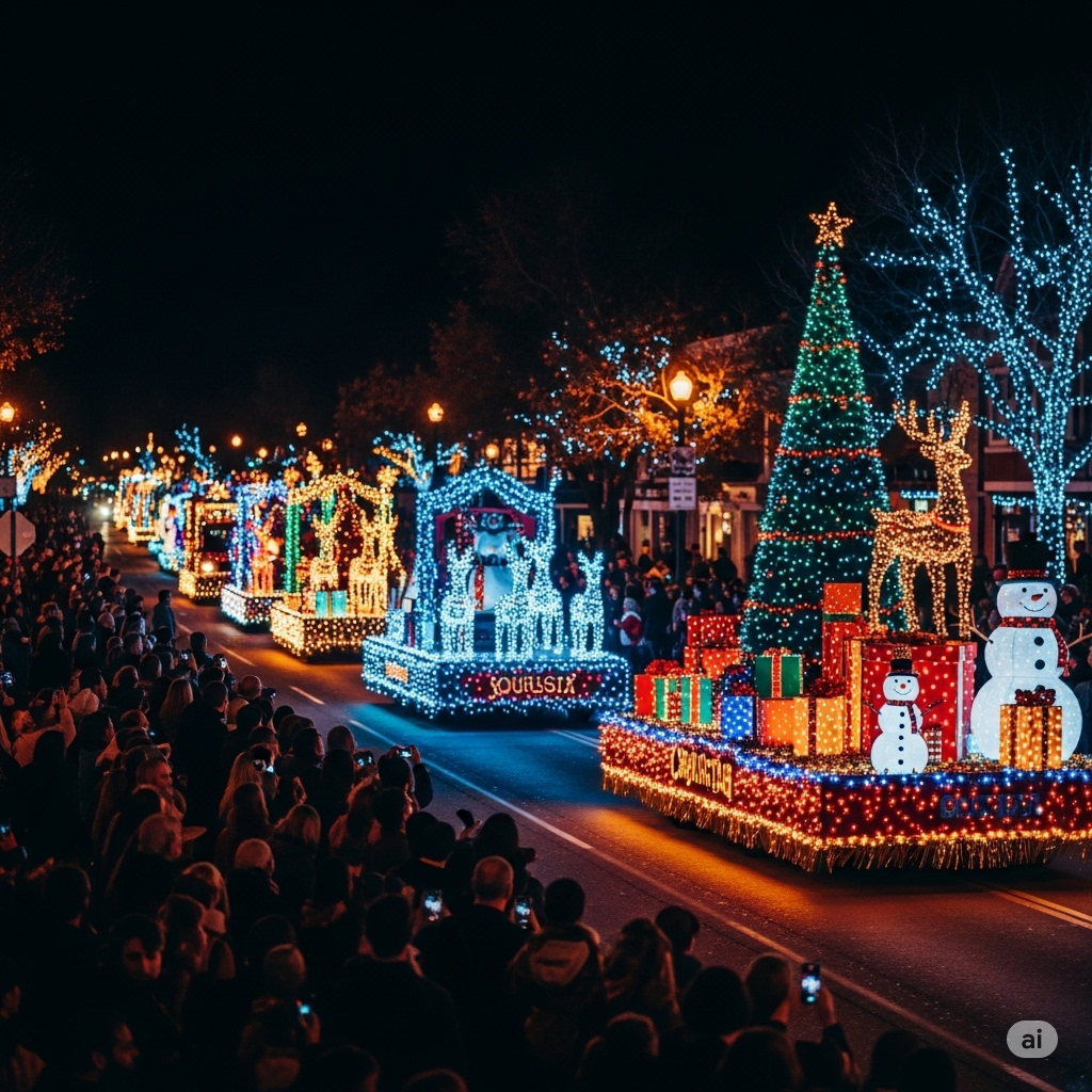 Twinkling nighttime parade floats
