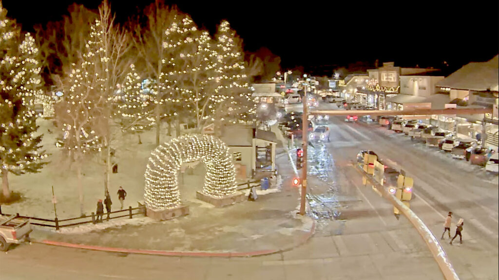 Jackson Town Square Elk Antler Arch lights during Christmas in Wyoming 2025