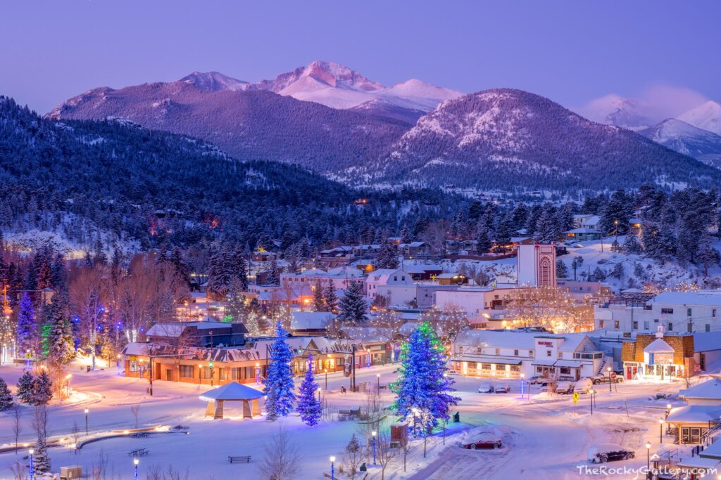 Snow-covered Estes Park village at Christmastime 2025