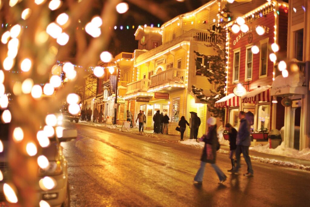 Snowy Park City Main Street decorated for Christmas in Utah 2025